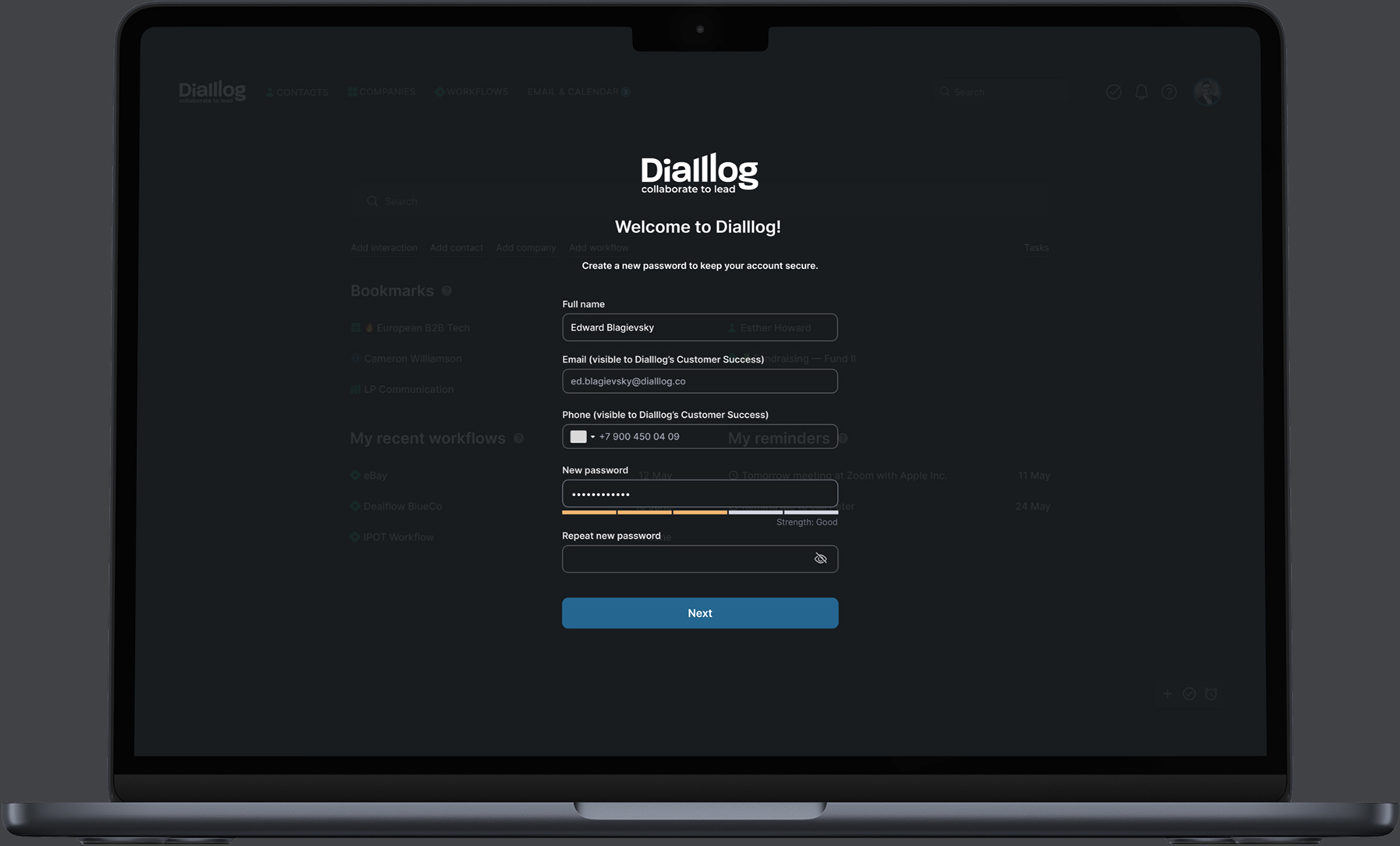 Dialllog welcome screen on a laptop