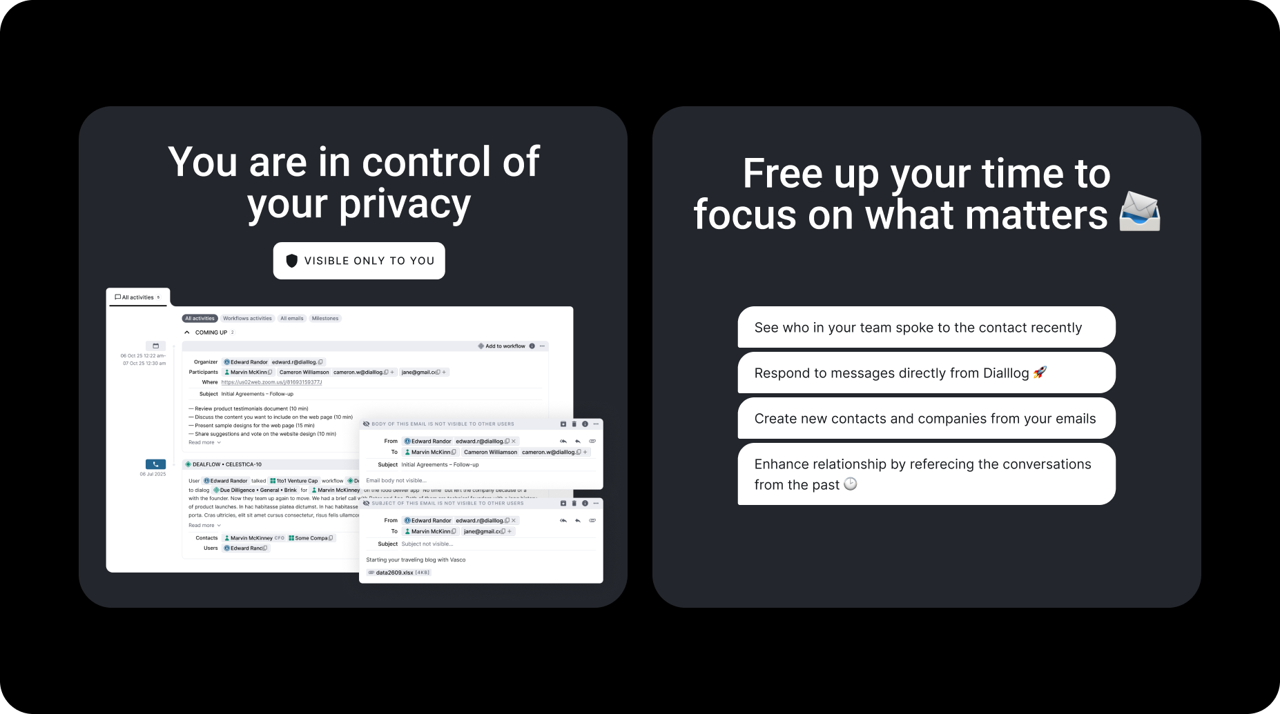 Dialllog privacy controls and response workflow