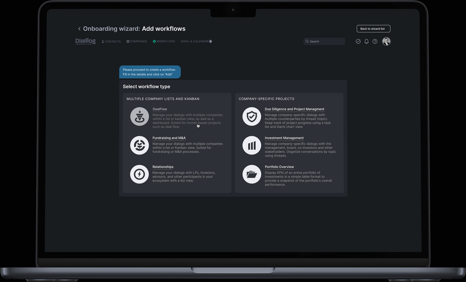 Dialllog onboarding wizard contextual tips