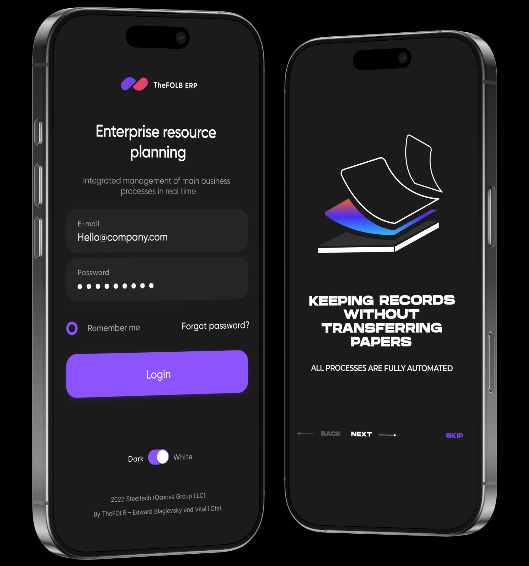 ERP mobile login and onboarding screens
