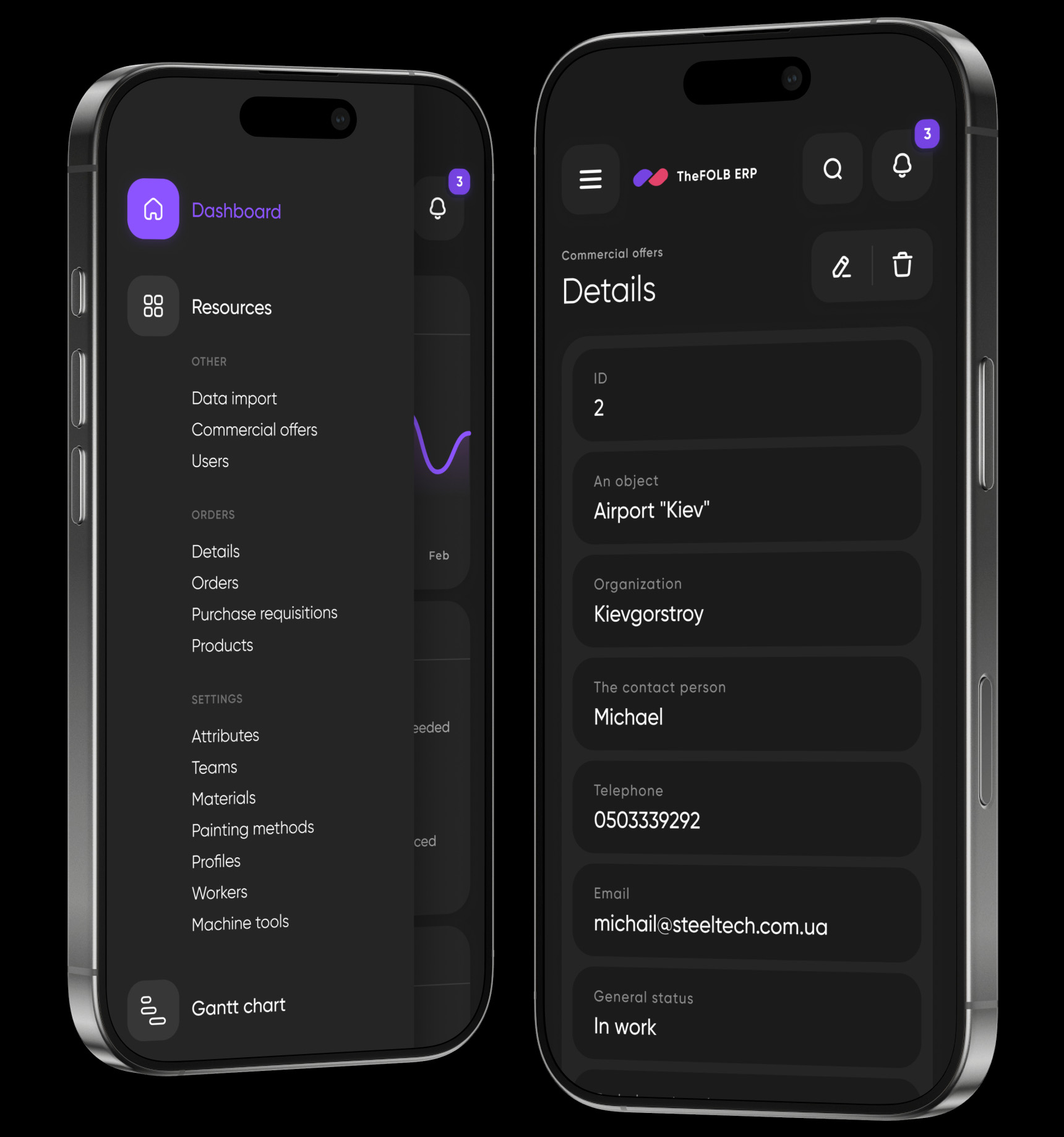 ERP mobile dashboard and details screens