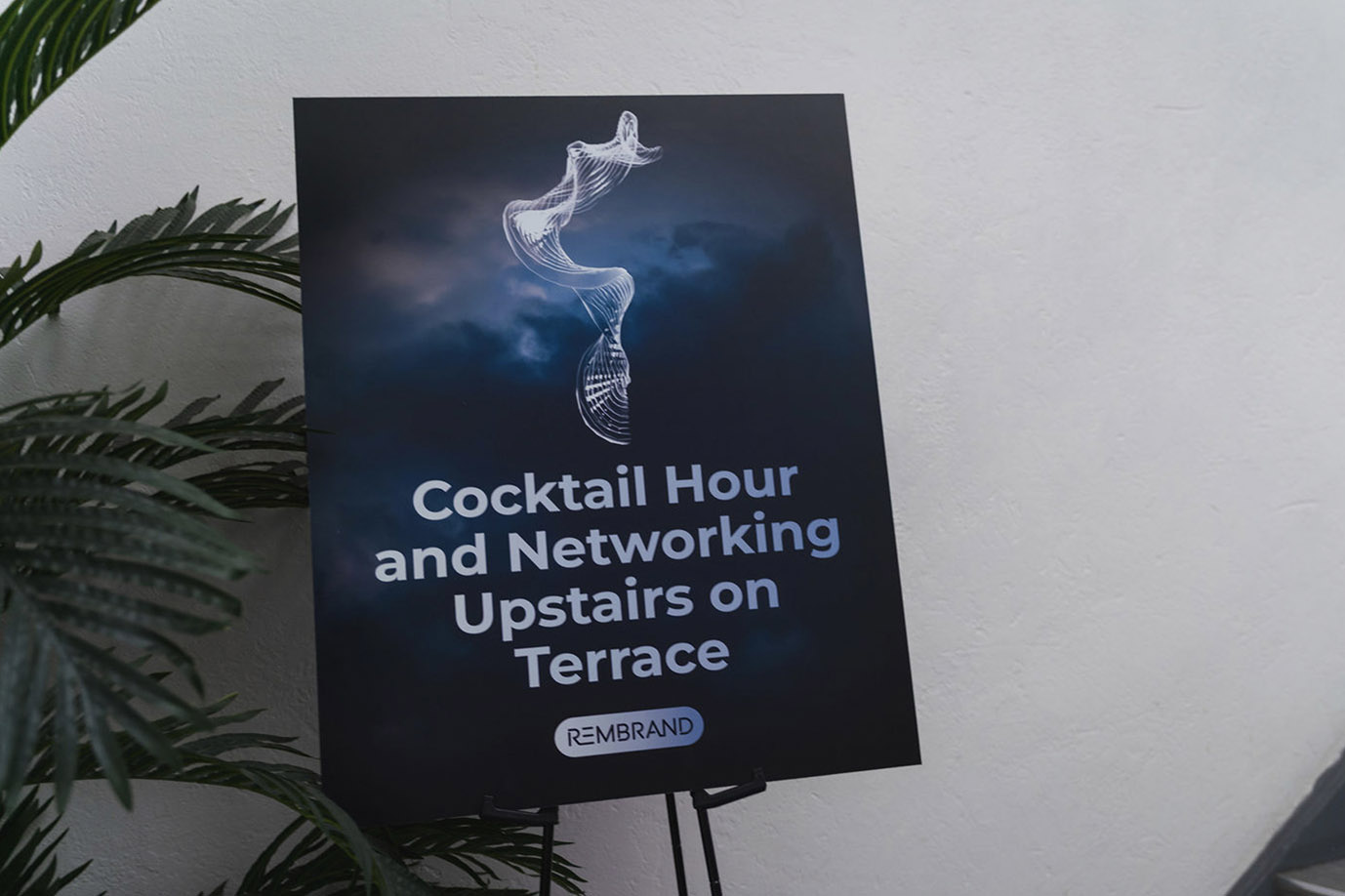 Cocktail hour and networking terrace sign for New York event