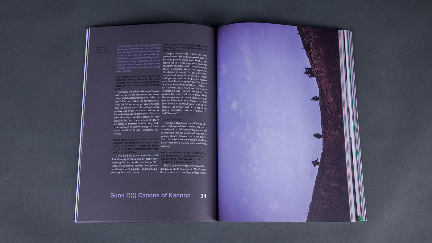 Eclectic Magazine open spread with purple photography layout
