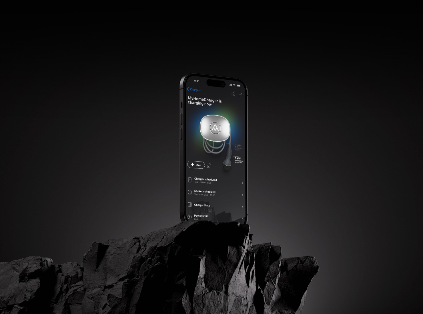 Charge Amps smart charging app shown on a phone over a dark product environment