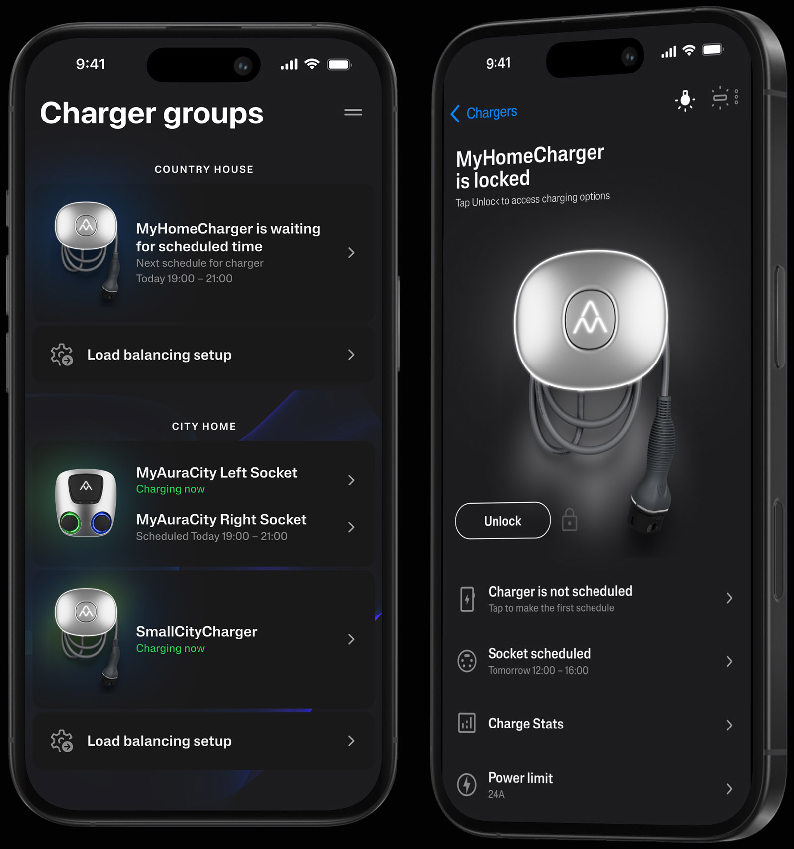 Charge Amps charger groups mobile interface