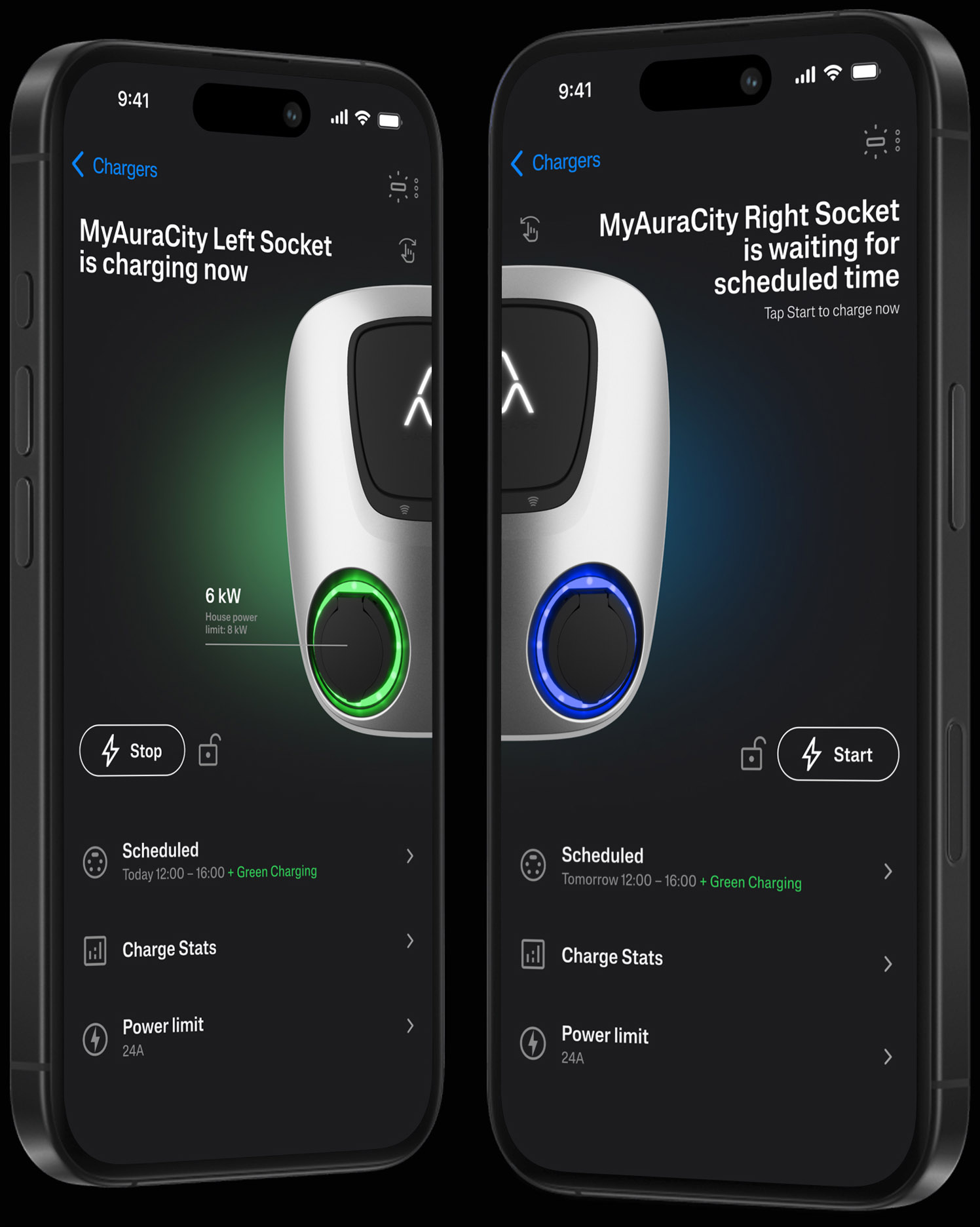 Charge Amps mobile interface swiping between devices and sockets