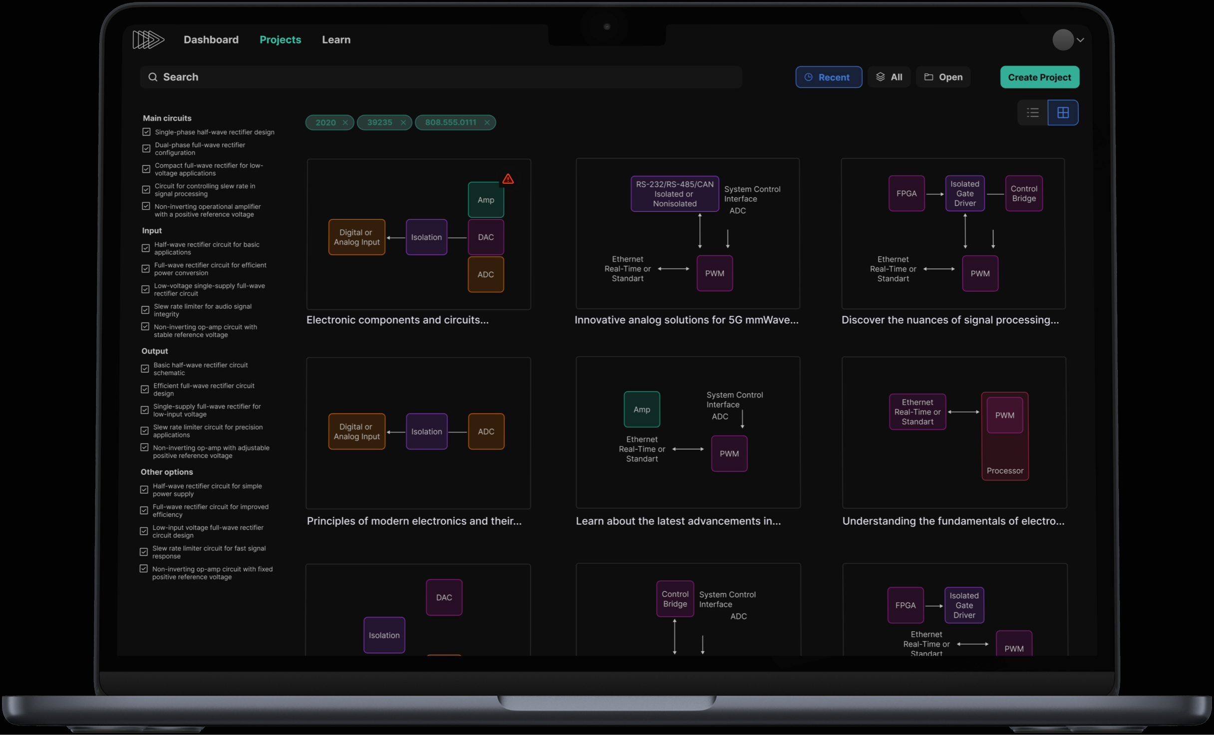 Enterprise web app project selection interface
